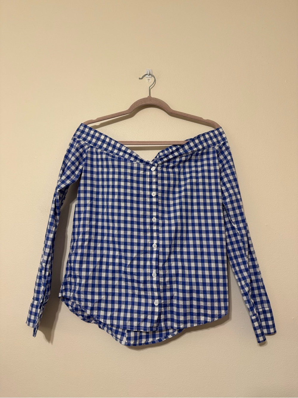 Reformation Derby Top Blue and White Gingham Off-the-Shoulder Button-Down